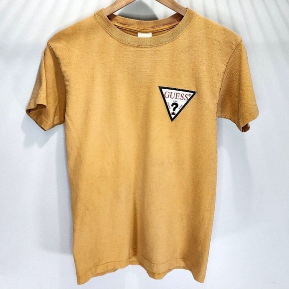 GUESS Vintage Question Mark Shirt Tan Black USA Made Georges Marciand Size Large - Picture 1 of 5